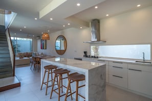 Fridge, microwave, stovetop, electric kettle