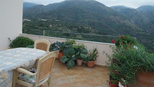 Un balcón con mesa y sillas, plantas en macetas y vistas a las montañas.