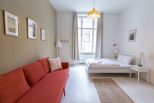 Monolocale City, 1 letto queen con divano letto | Una scrivania, ferro/asse da stiro, Wi-Fi gratuito