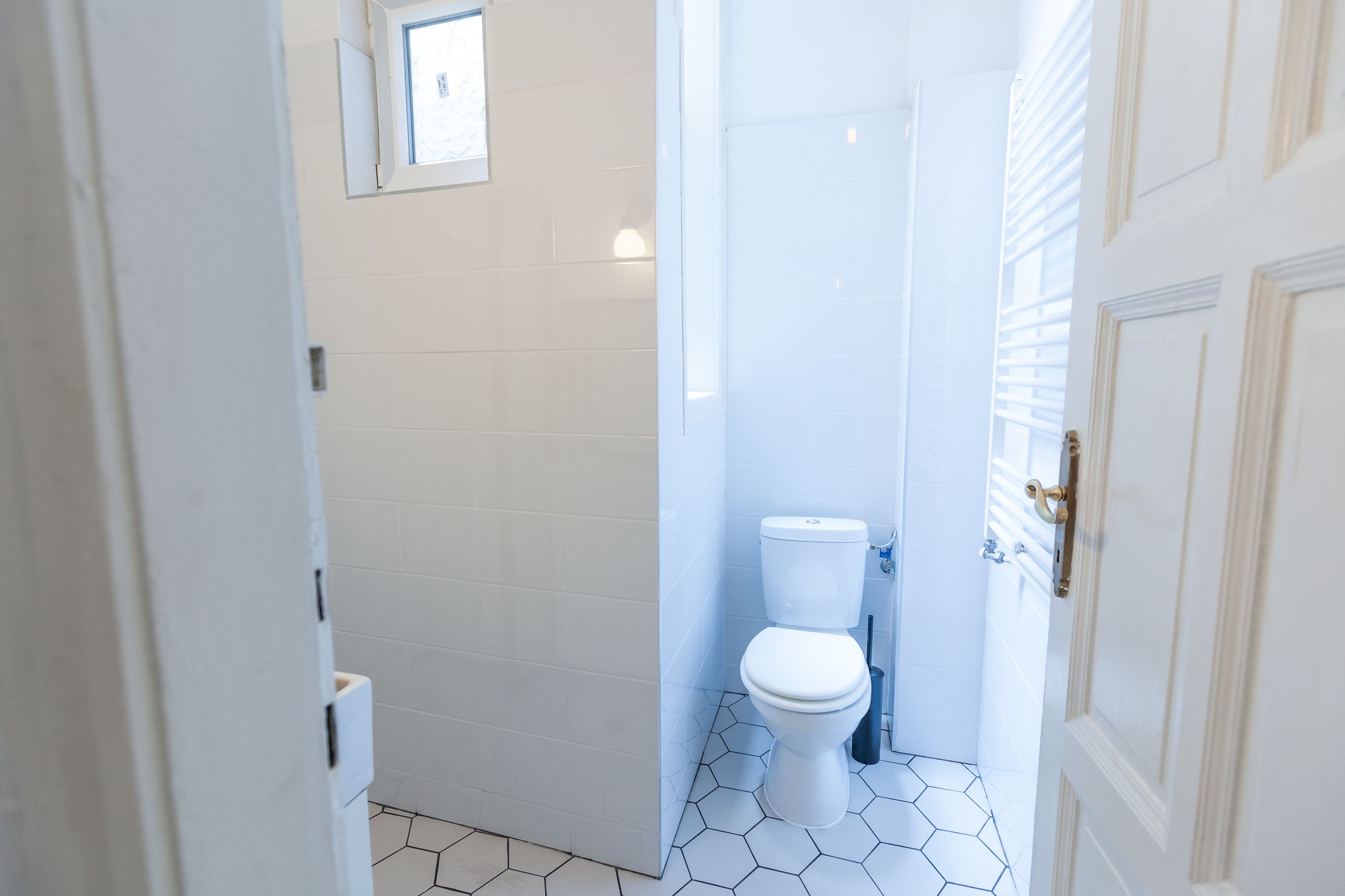 A bathroom with white tiles, a white toilet, and a hexagonal floor pattern.