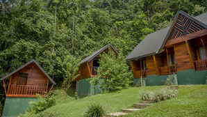A row of wooden cabins with balconies, surrounded by lush greenery and trees.