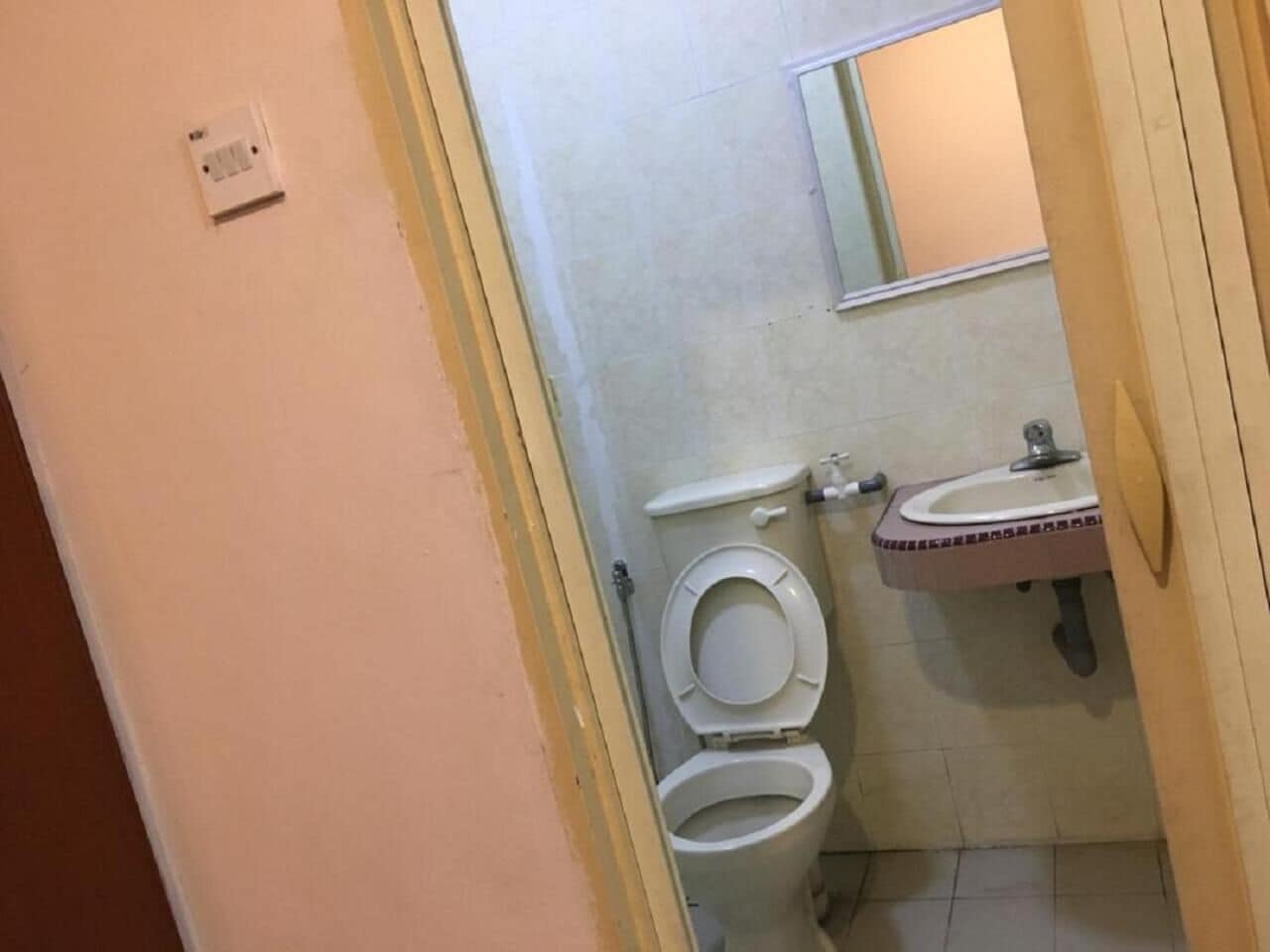 A bathroom with a toilet, sink, and mirror.
