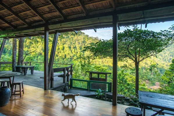 An outdoor wooden deck with tables and benches, overlooking a lush forested area. - Spyder Hill (Seremban)