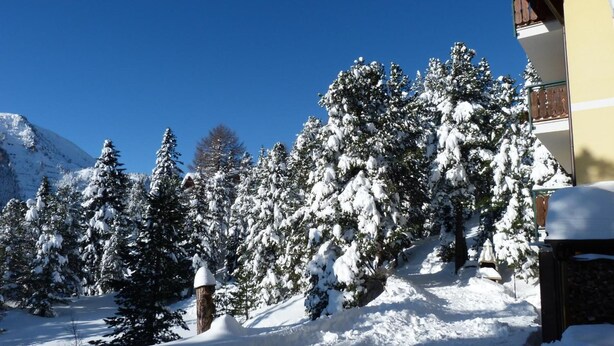 A snow-covered landscape with a building that has a balcony and a stone wall. - Almhaus Blümel (Reichenau)