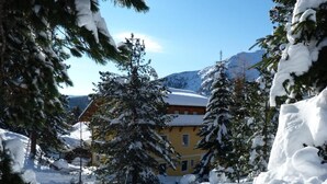 A snow-covered landscape with a yellow building surrounded by snow-laden trees and mountains in the background. - Almhaus Blümel (Reichenau)