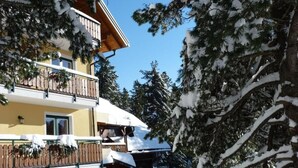 A two-story building with balconies, surrounded by snow-covered trees. - Almhaus Blümel (Reichenau)