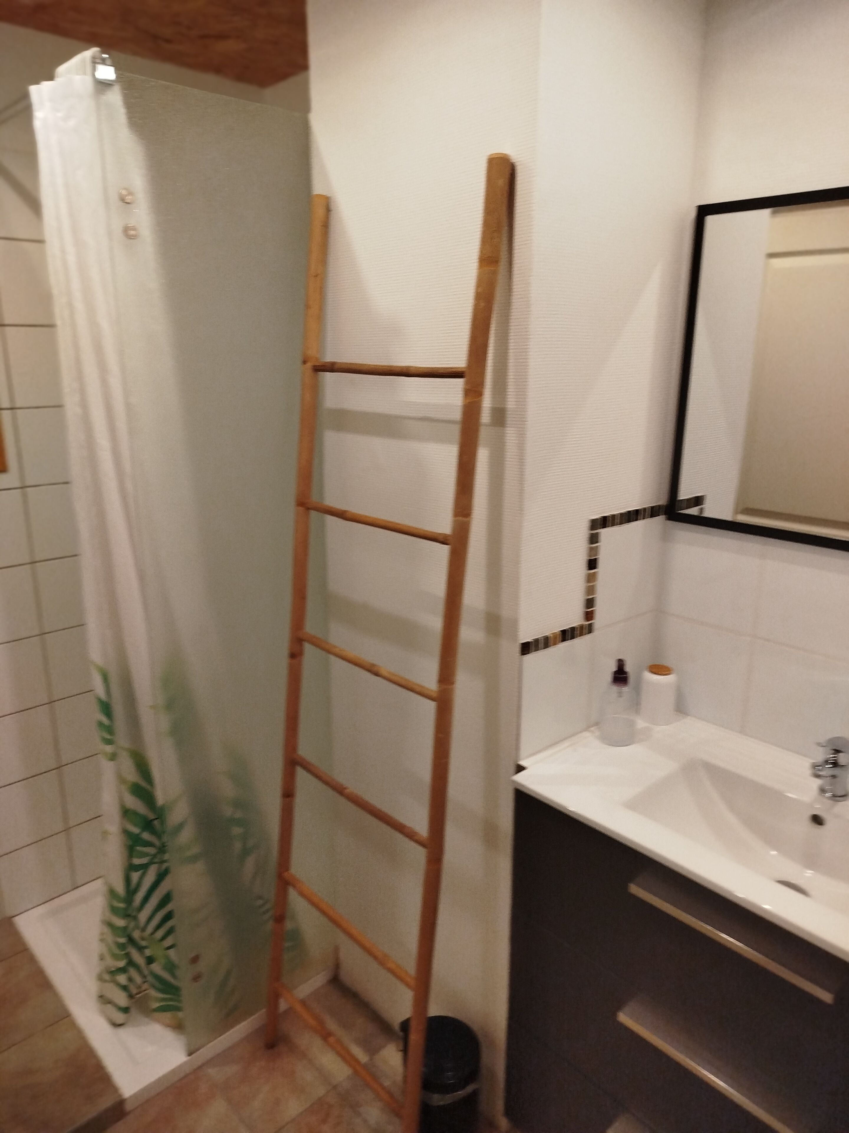 A bathroom with a shower, a wooden ladder, a sink, and a mirror.