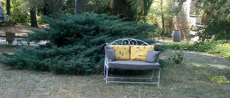 Un jardín con un banco de metal y un árbol pequeño.