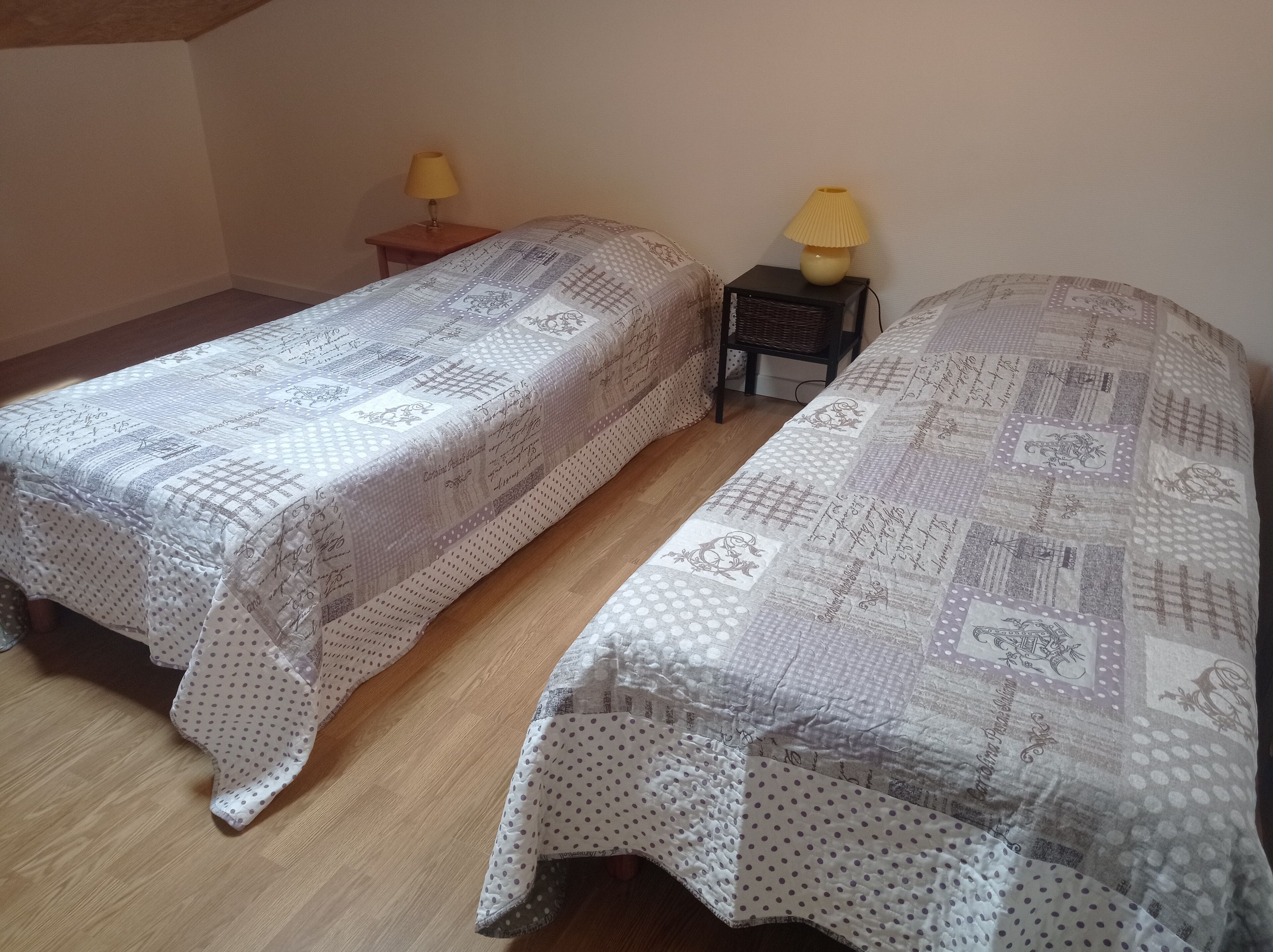 Dos camas individuales con ropa de cama estampada, una mesita de noche de madera con lámpara, y un estante en la pared con otra lámpara.