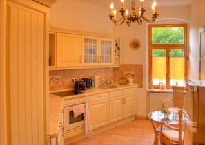 Full-size fridge, oven, stovetop, dishwasher