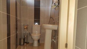 Une salle de bain équipée de toilettes, d’un bidet et d’un lavabo.