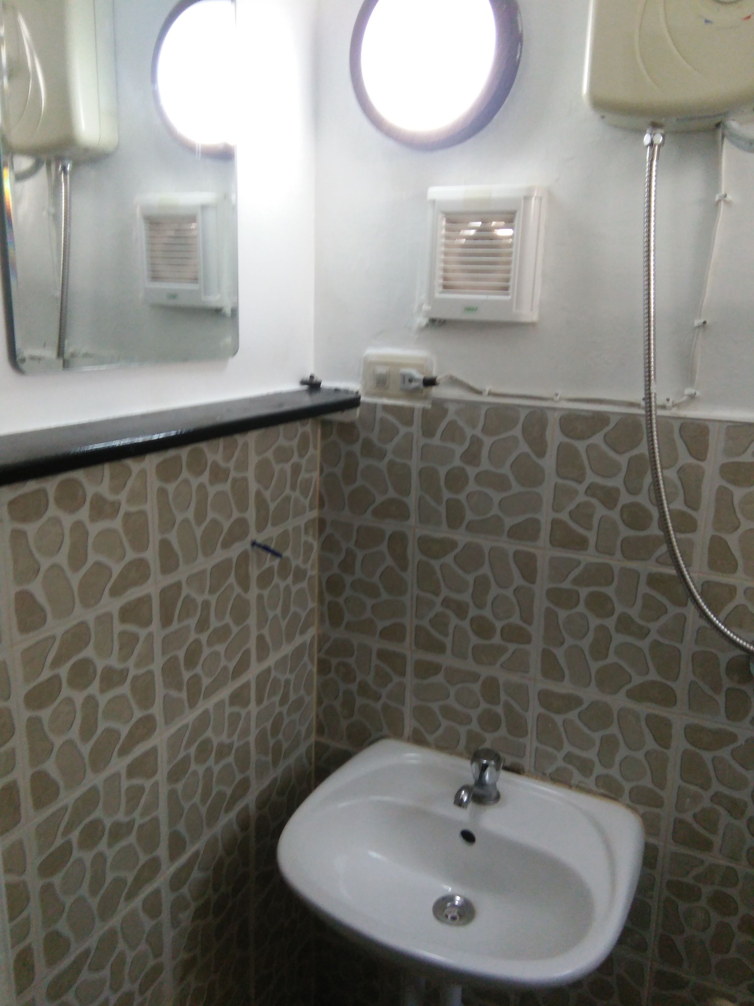 A bathroom with a white sink, a mirror, and a handheld showerhead.