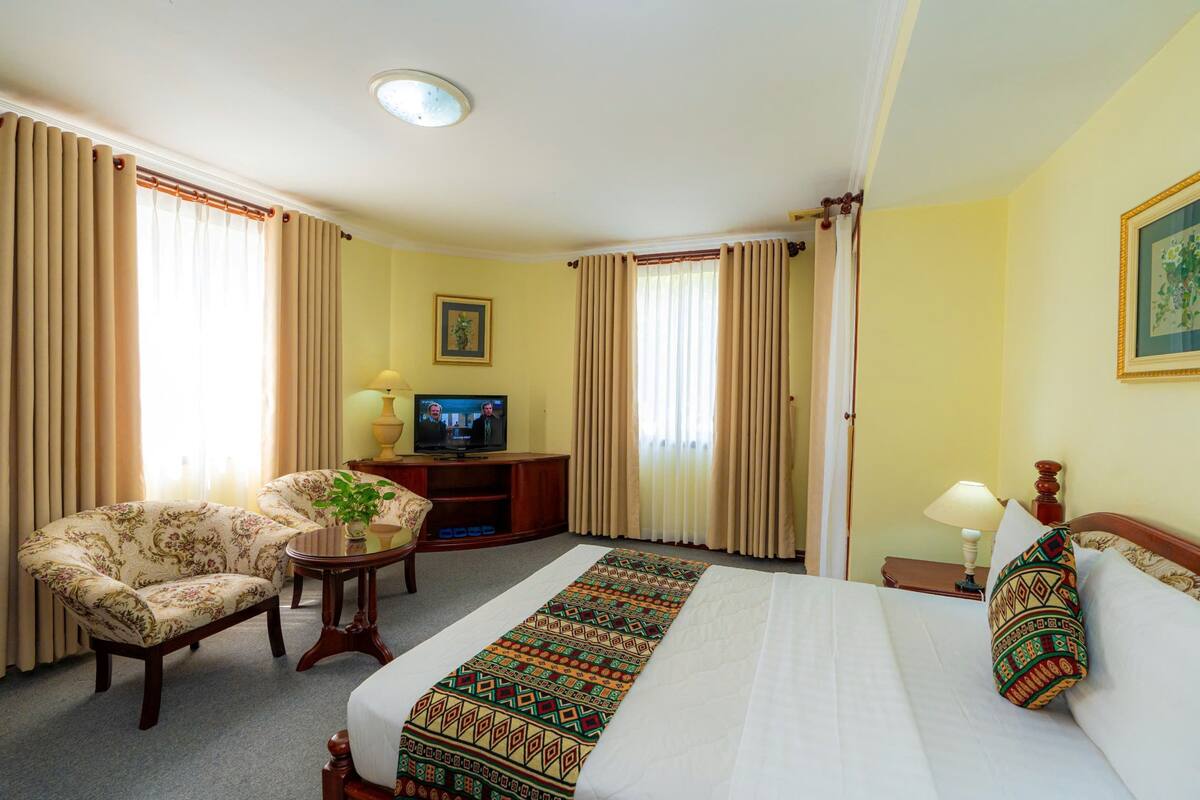 Une chambre d’hôtel avec un lit, une télévision, un bureau, une chaise et des rideaux.