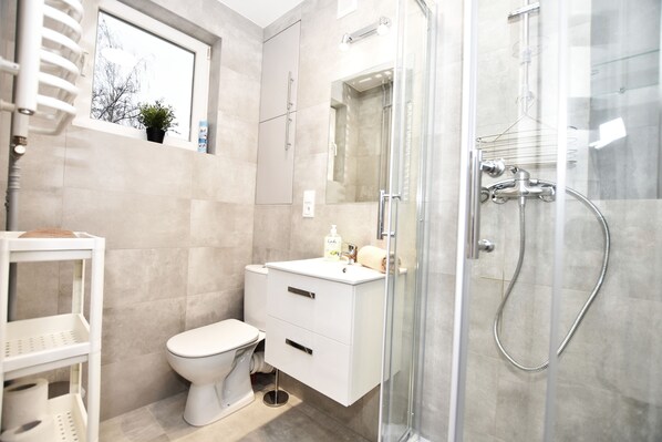 Shower, hair dryer, towels