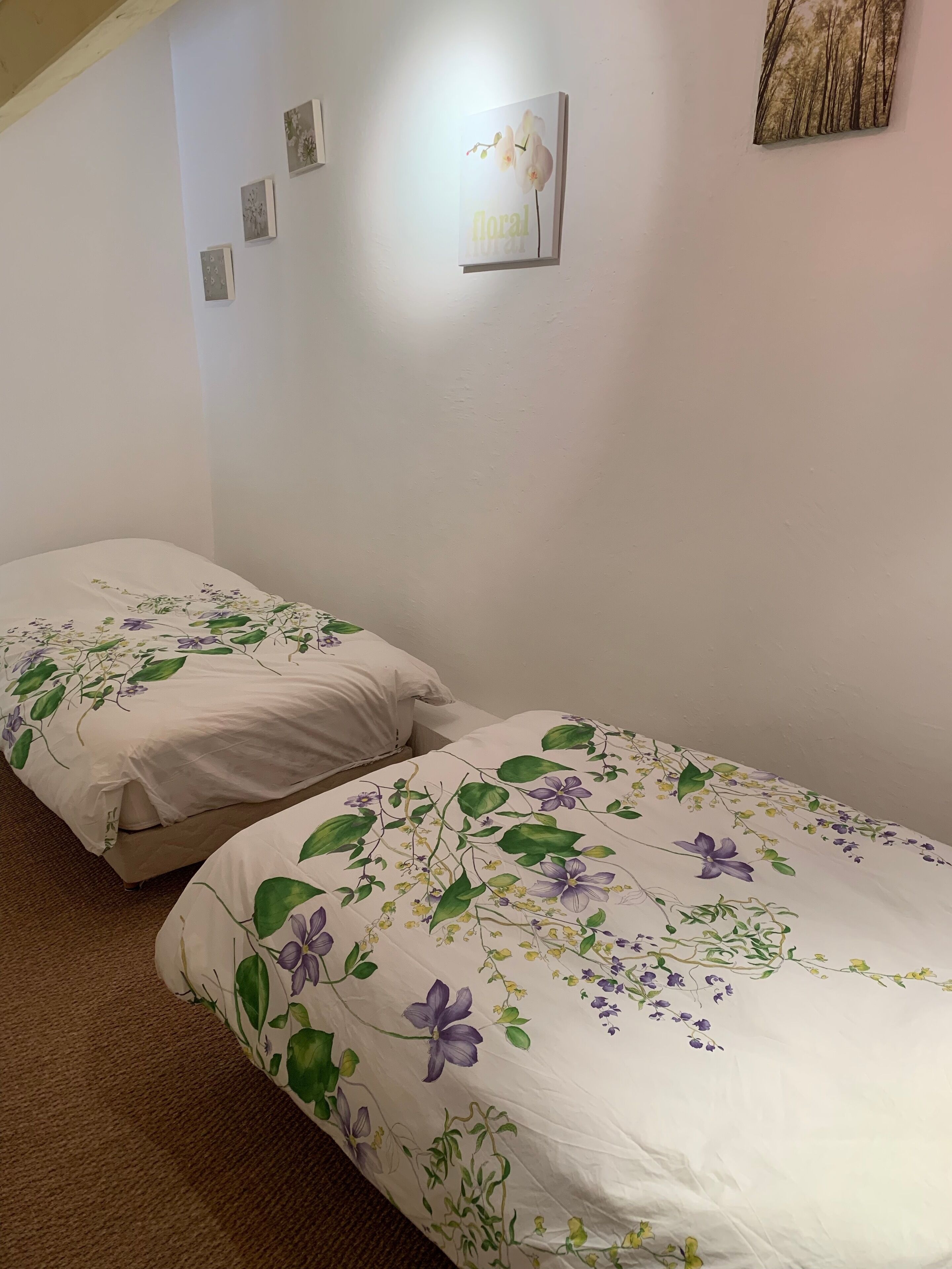 Una habitación con dos camas, cada una con ropa de cama floral. Hay cuadros en la pared y una pequeña obra de arte enmarcada sobre las camas.