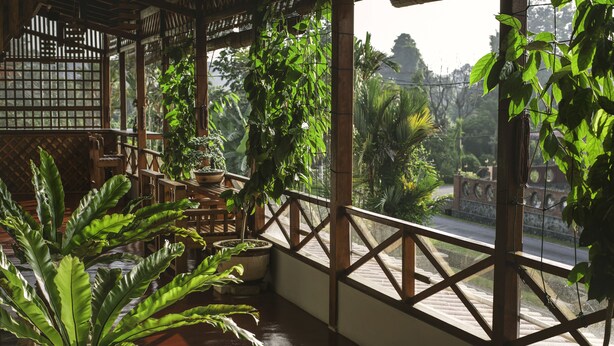 A covered balcony with potted plants, wooden railings, and a view of the street. - House Of My Eternal Love - Kulai Homestay (Kulai)