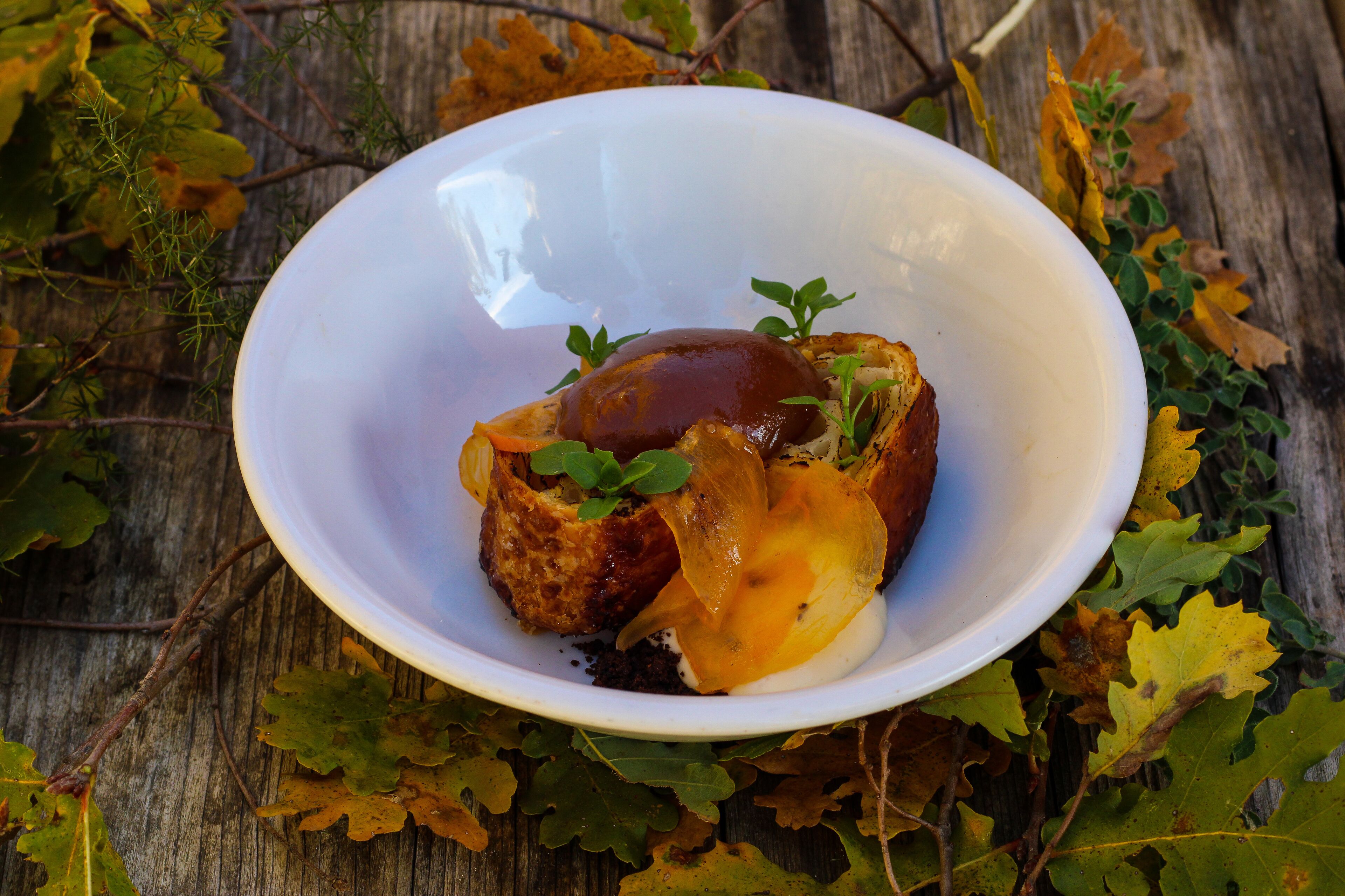 A white bowl with a dark sauce and a piece of bread on a wooden surface surrounded by autumn leaves.