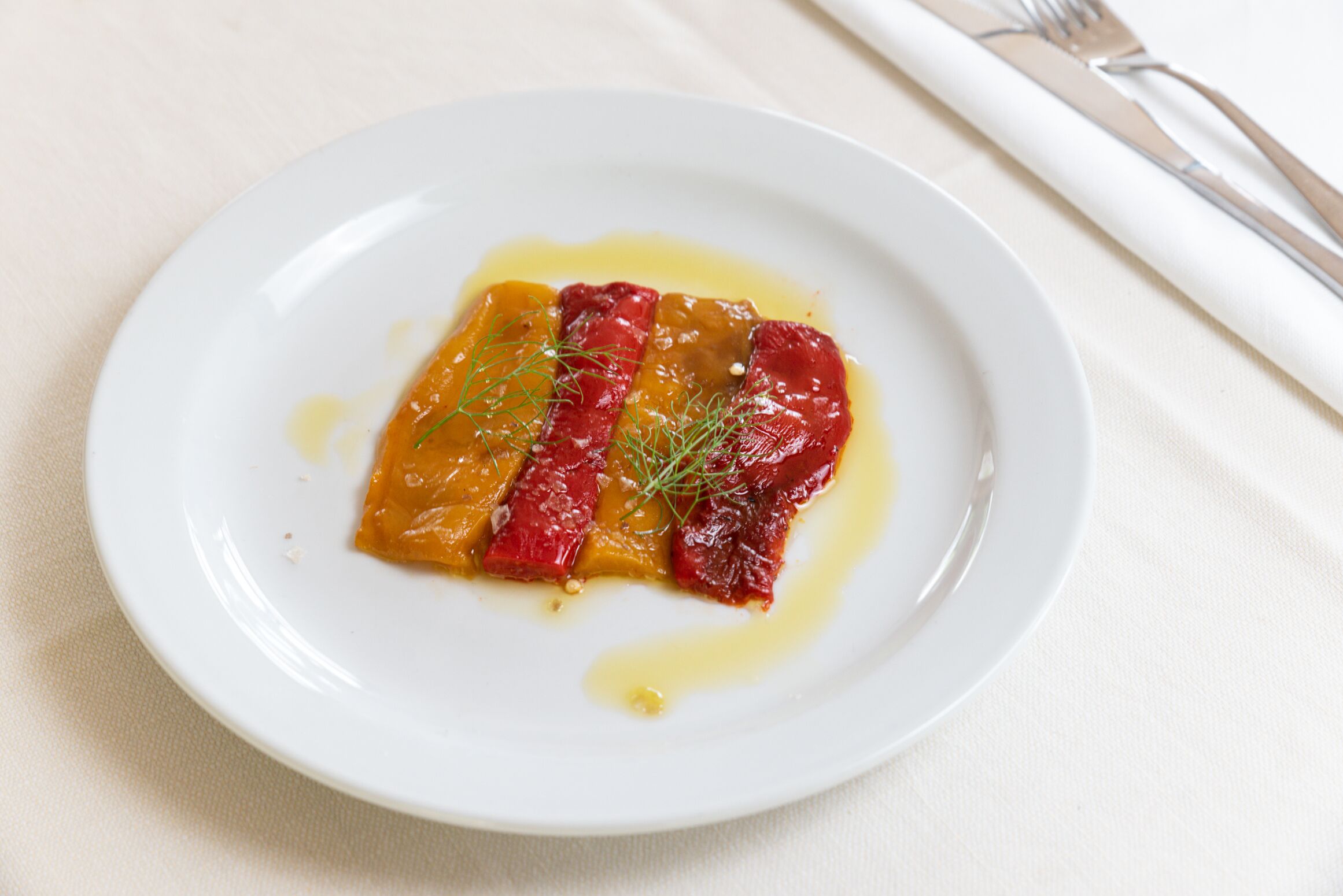 Un plato blanco con un guiso, un tenedor y un cuchillo sobre una servilleta.