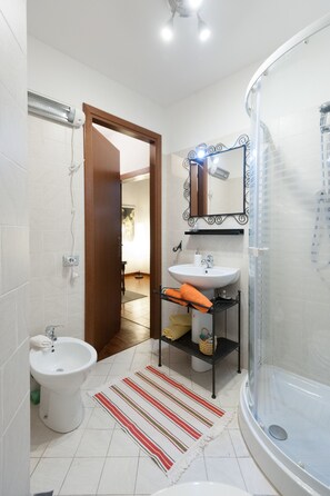 Separate tub and shower, hair dryer, bidet, towels