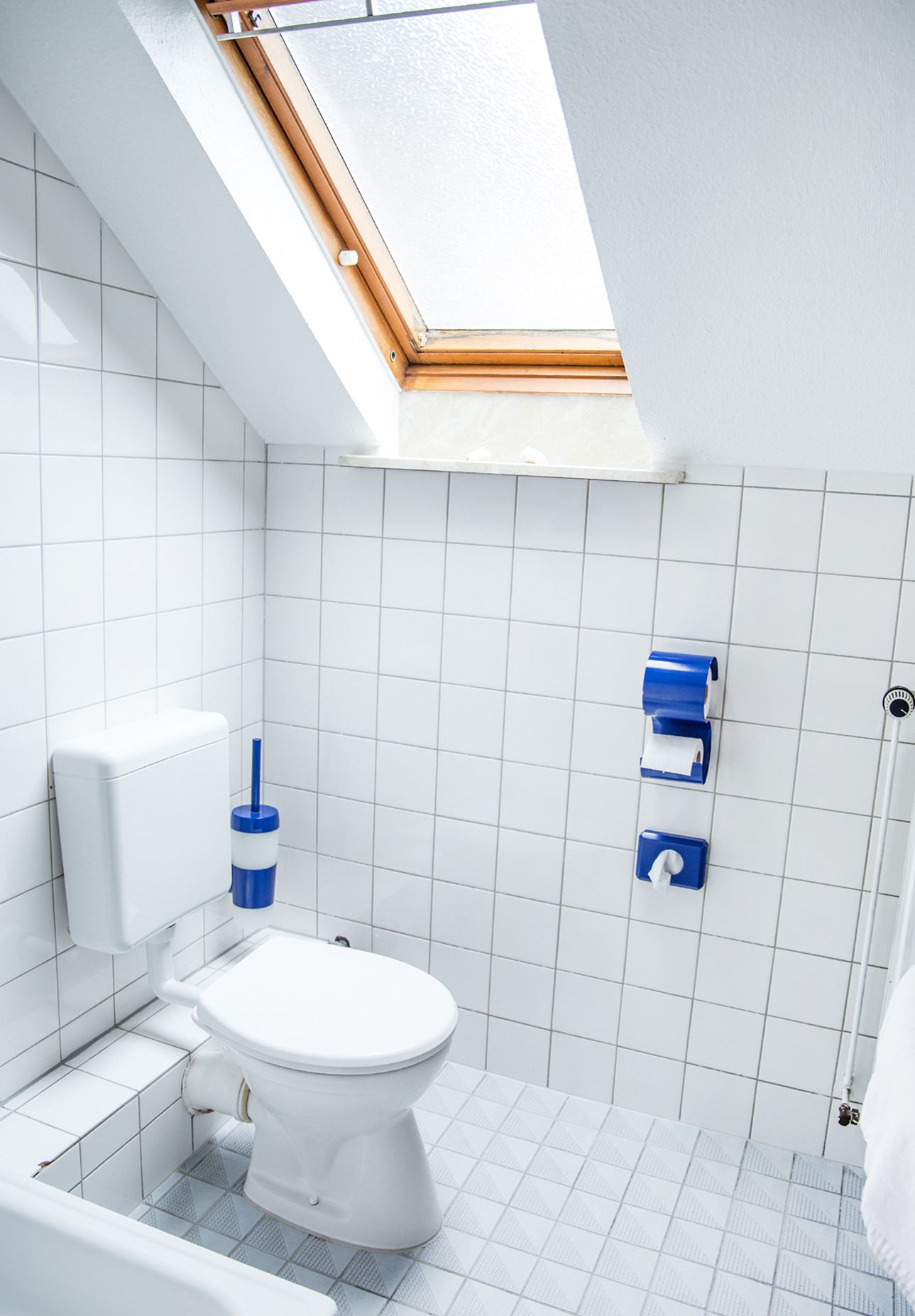 A modern bathroom with a skylight, white tiles, a toilet, a bidet, and blue toilet paper dispensers.