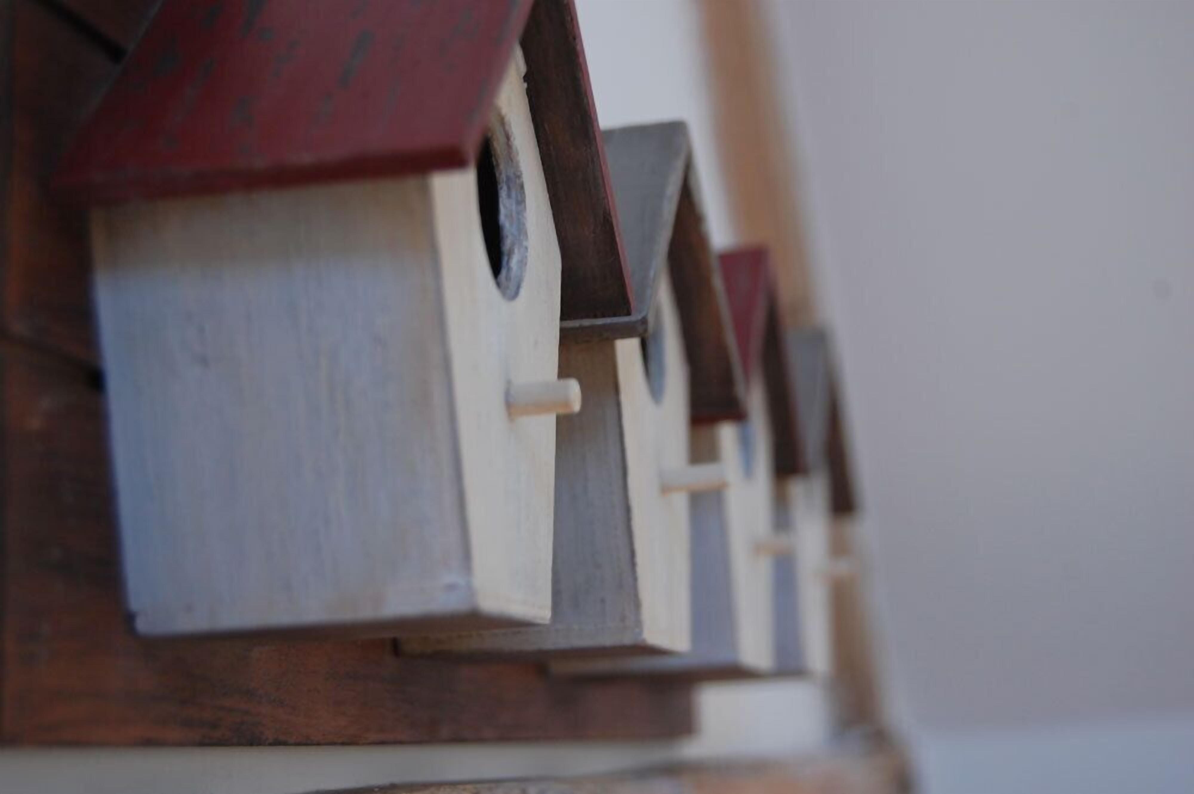 Uma fileira de casas de pássaros com base de madeira e telhado vermelho, fixada em uma parede.