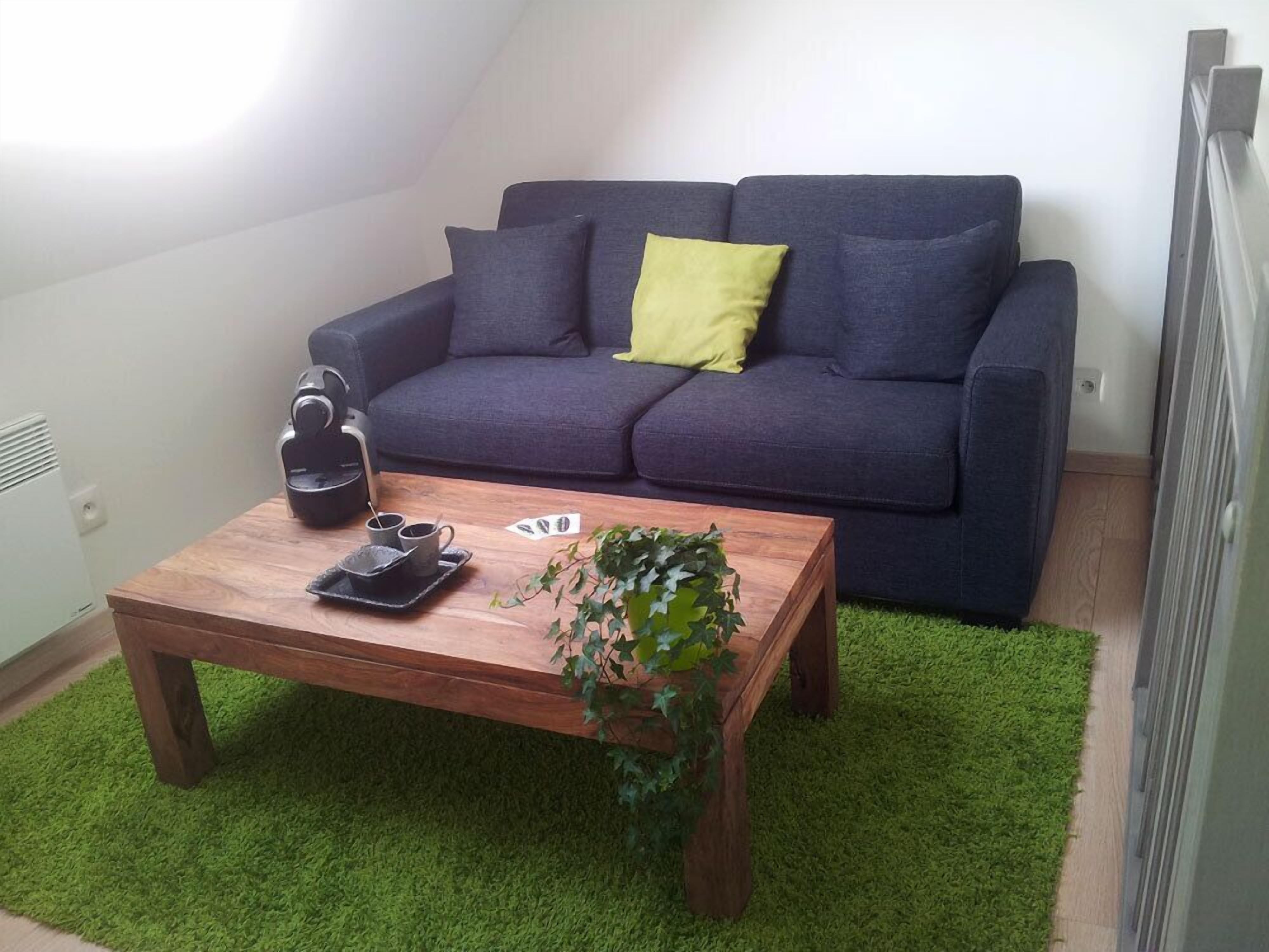 A cozy living room with a dark blue sofa, a wooden coffee table, and a green artificial grass rug.