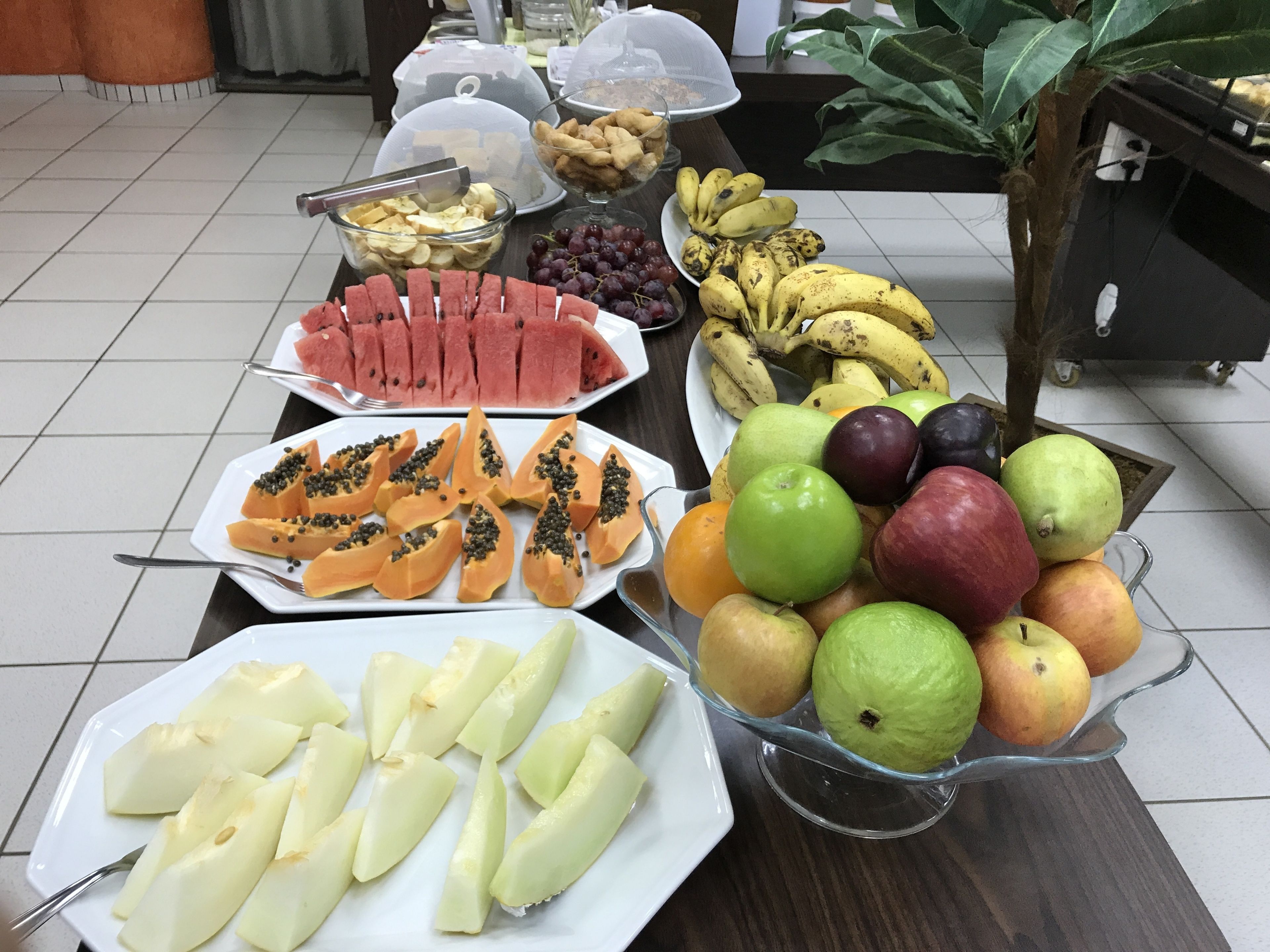 Una mesa de buffet con diversas frutas y verduras, como sandía, uvas, plátanos, papaya y manzanas.
