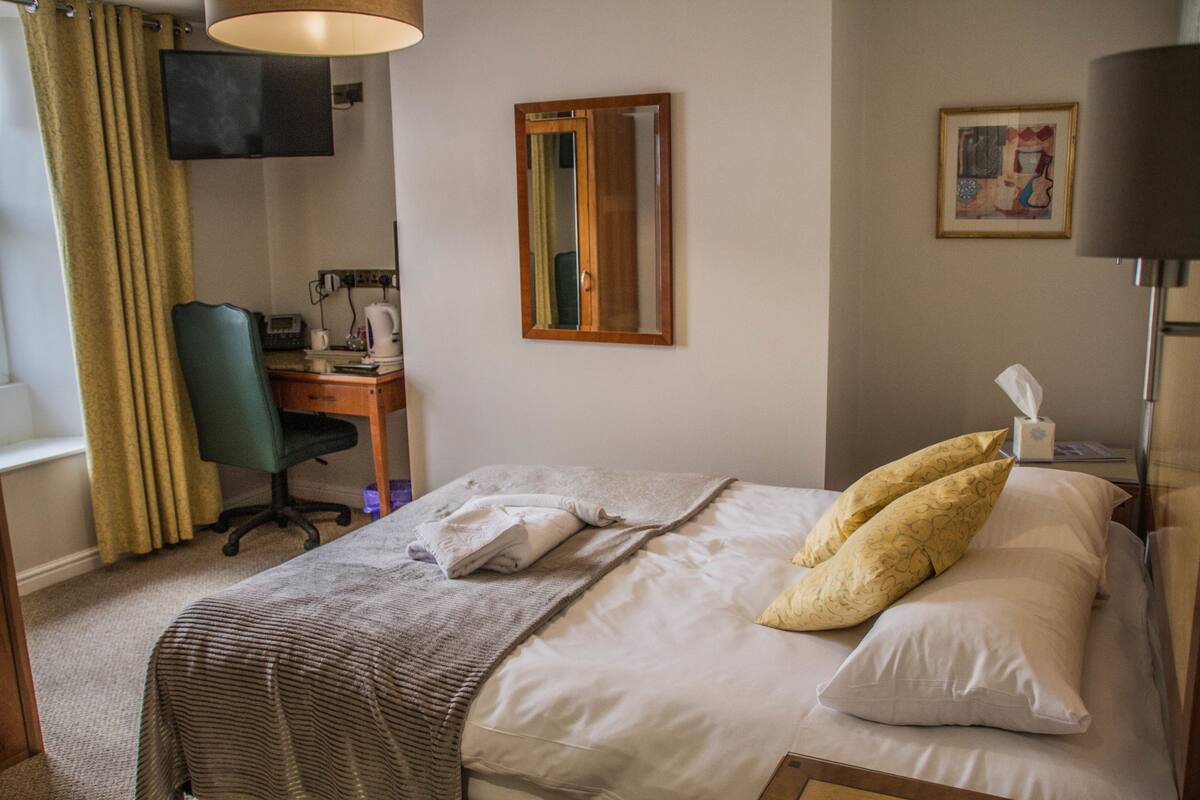 A hotel room with a bed, a desk, a chair, a television, a mirror, and a painting on the wall.