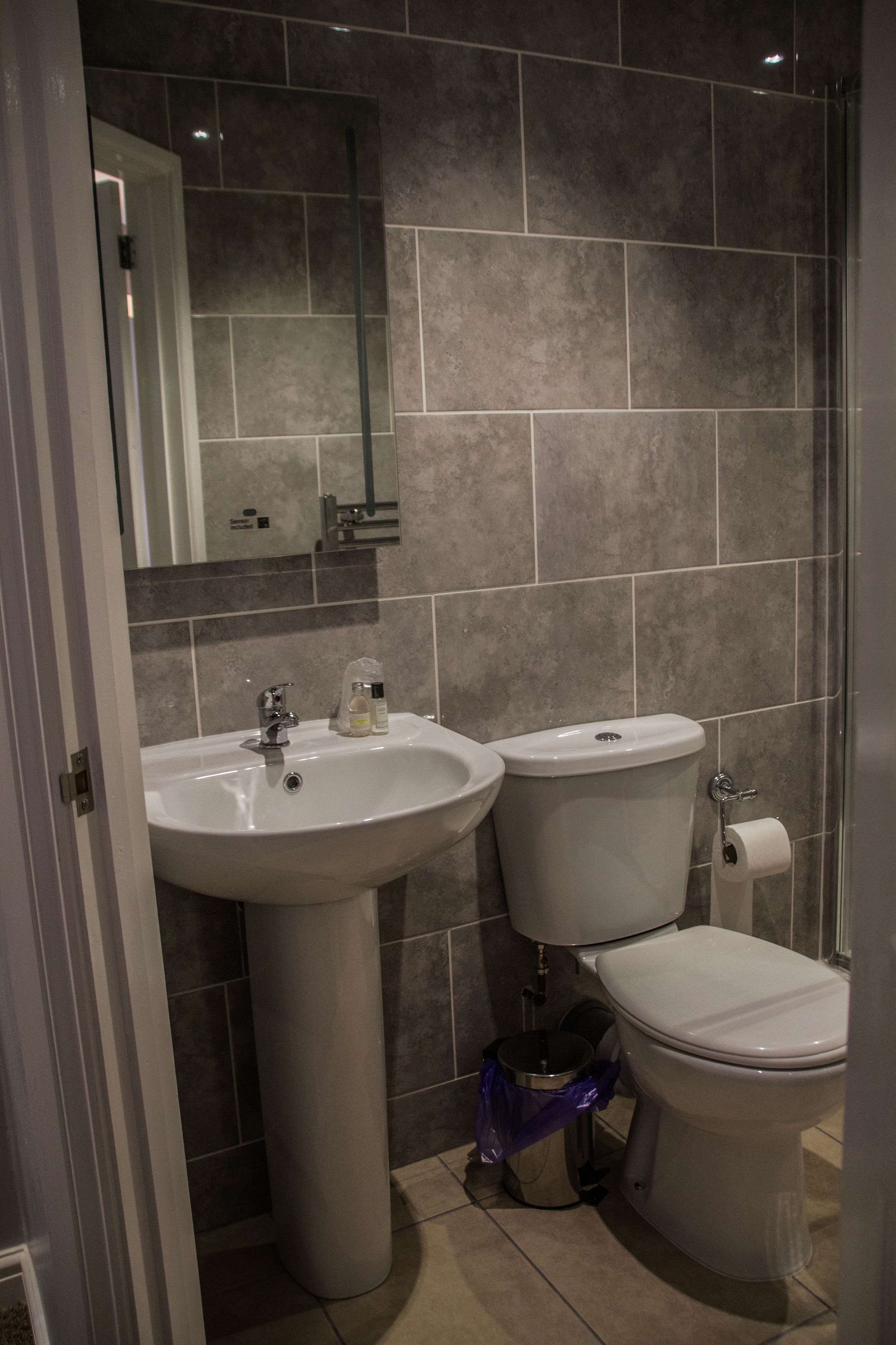 A bathroom with a sink, toilet, and mirror.