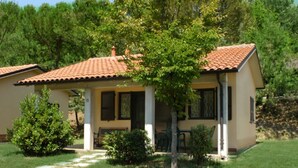 Un edificio a un piano con tetto in tegole, un portico coperto e un piccolo giardino con un albero e siepi.