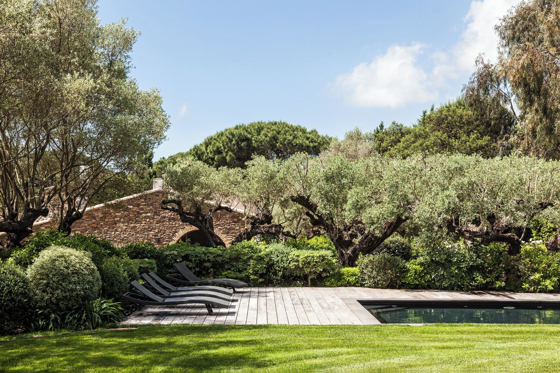 Un puente de piedra, exuberante vegetación y una piscina.