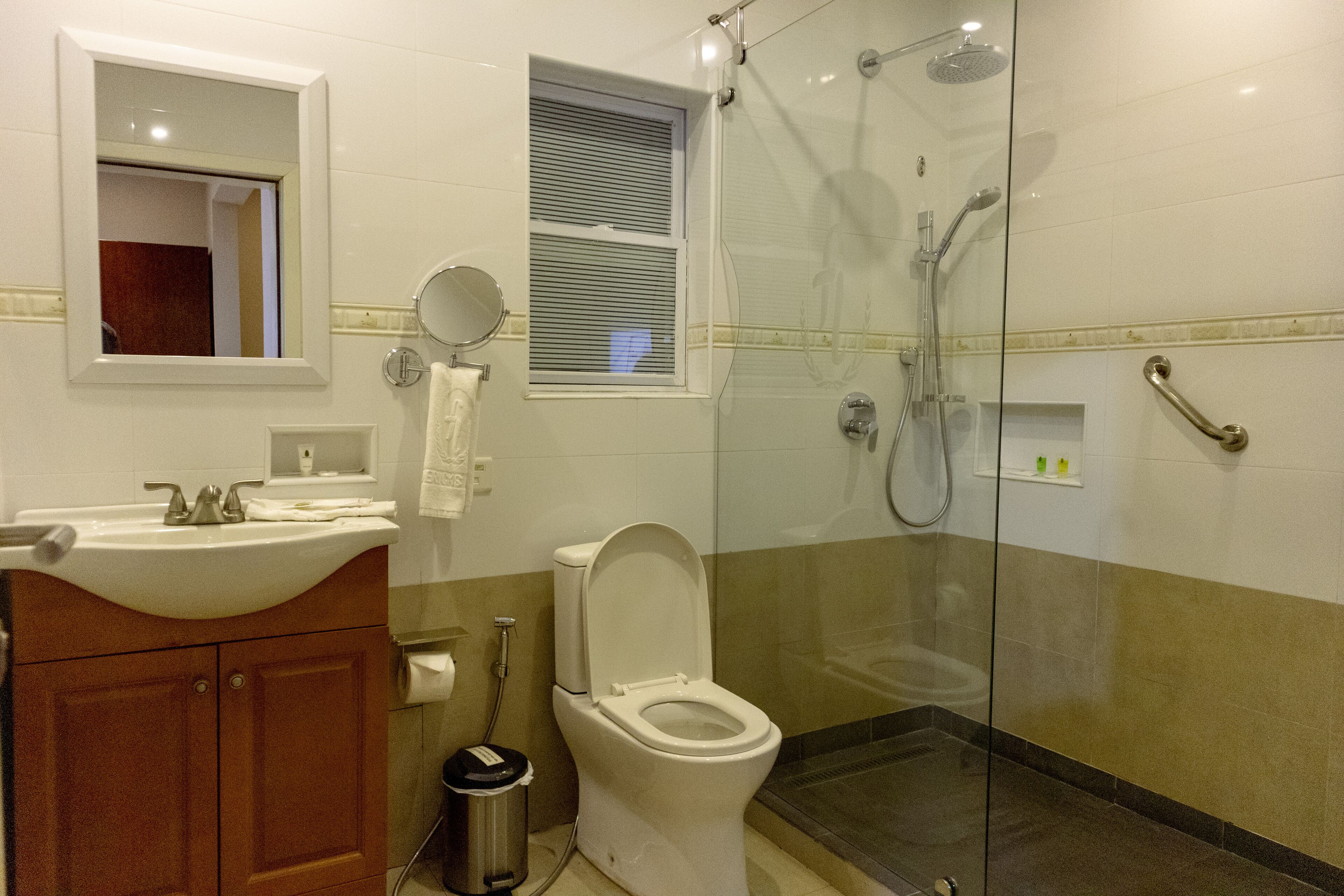 Een badkamer met een wastafel, toilet en douchecabine.