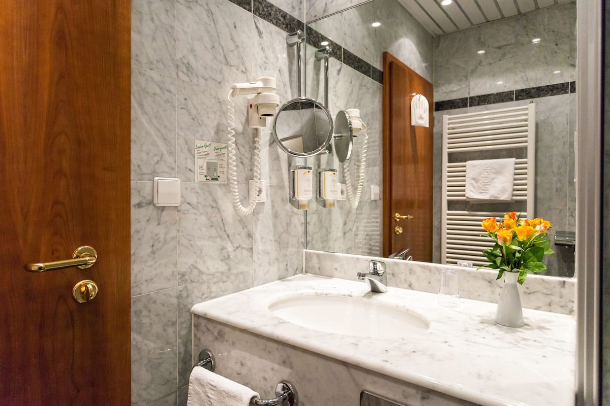 hair dryer, towels, soap, shampoo