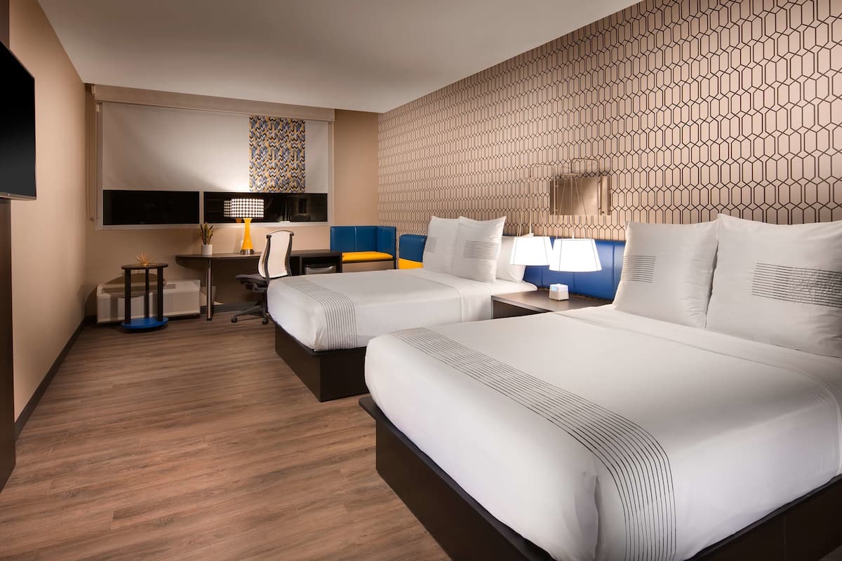 standard room, 2 queen beds, non smoking, refrigerator & microwave | laptop workspace, blackout curtains, iron/ironing board