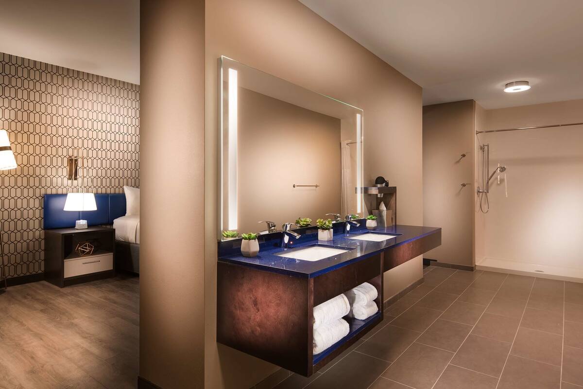 standard room, 1 king bed, accessible, non smoking | bathroom | shower, hydromassage showerhead, eco-friendly toiletries, hair dryer