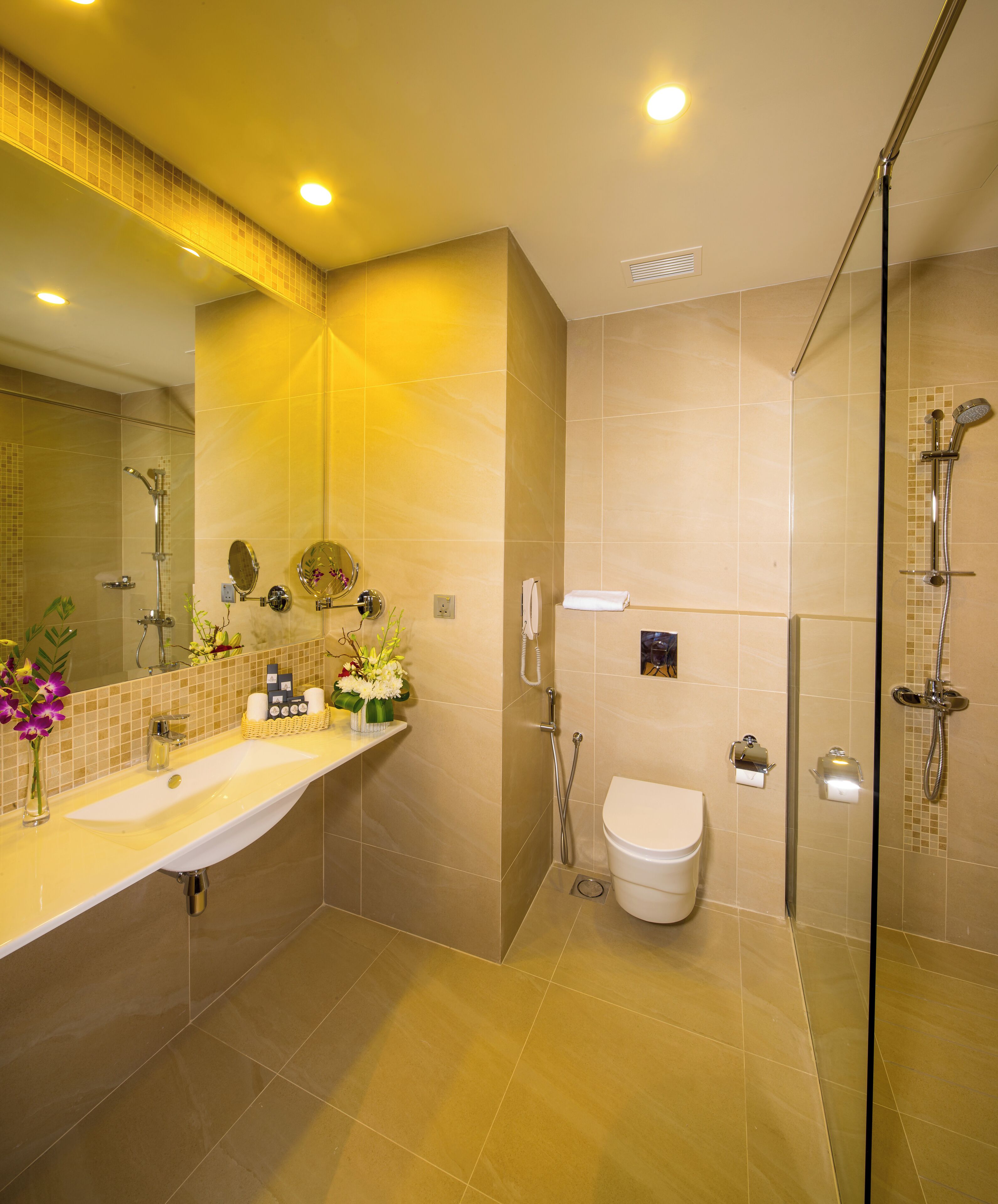 shower, rainfall showerhead, free toiletries, hair dryer