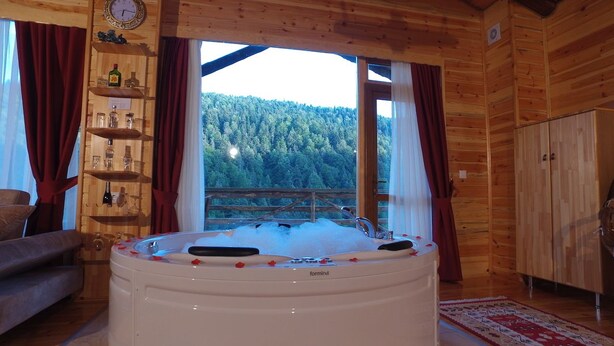 A wooden cabin with a hot tub, a sofa, and a view of a forest. - Abant Kartal Yuvasi Hotel (Bolu)