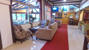 A hotel lobby with a red carpet, sofas, armchairs, a television, and a wine rack. - Abant Kartal Yuvasi Hotel (Bolu)