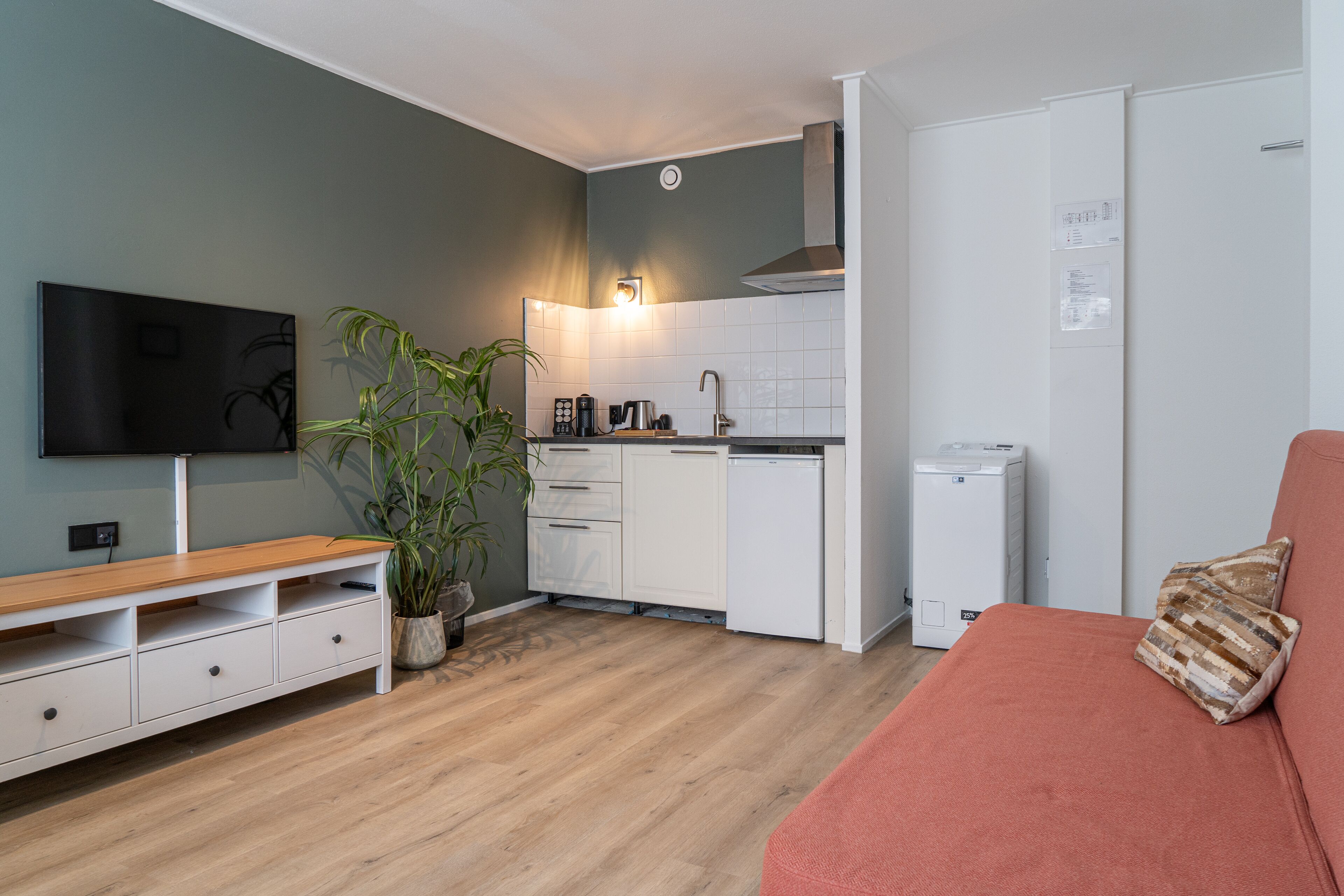 A compact living space with a kitchenette, a flat-screen TV mounted on the wall, a wooden bench, a potted plant, and a red sofa with a striped pillow.