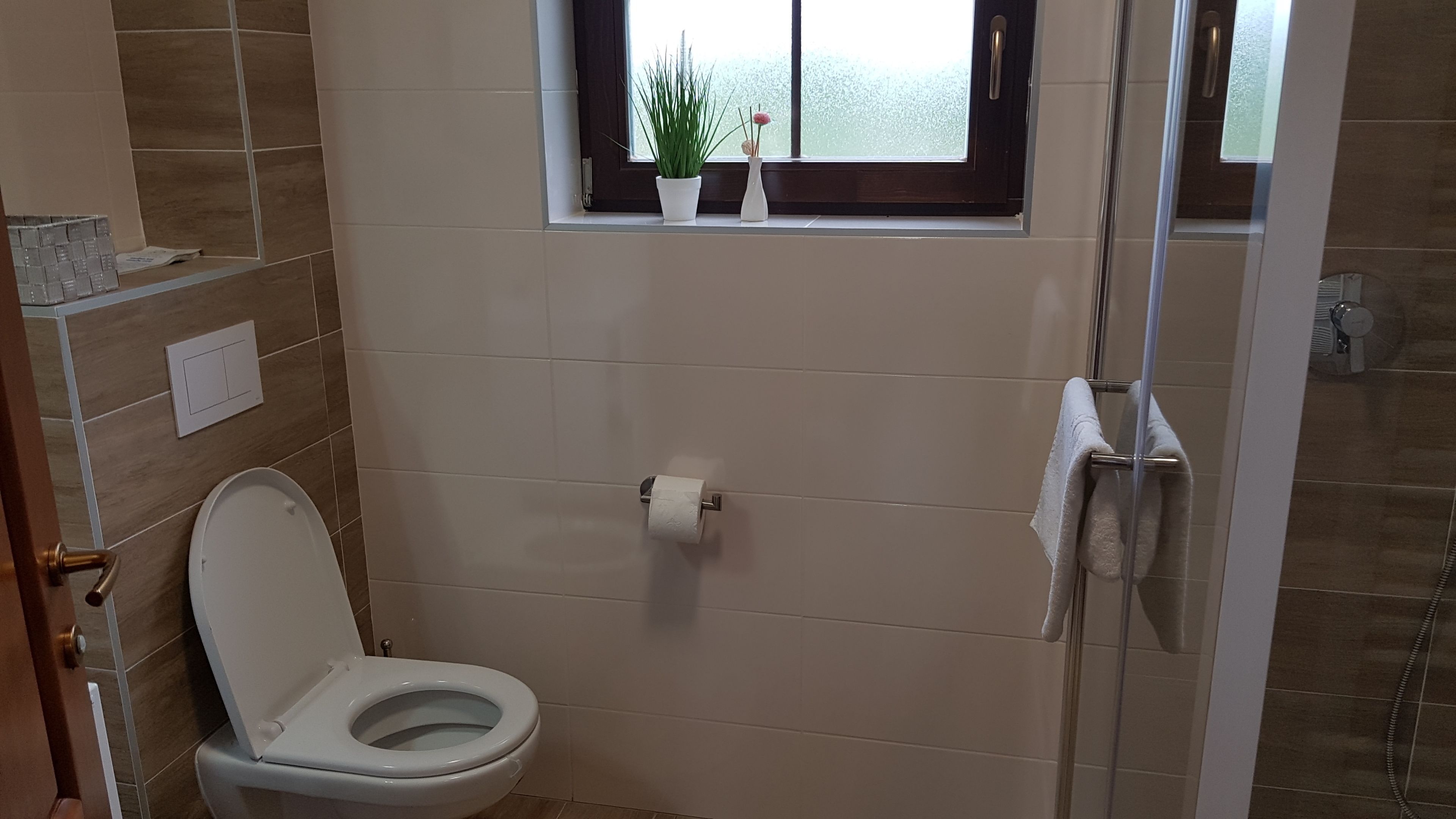Un baño con inodoro, ducha y ventana con plantas.