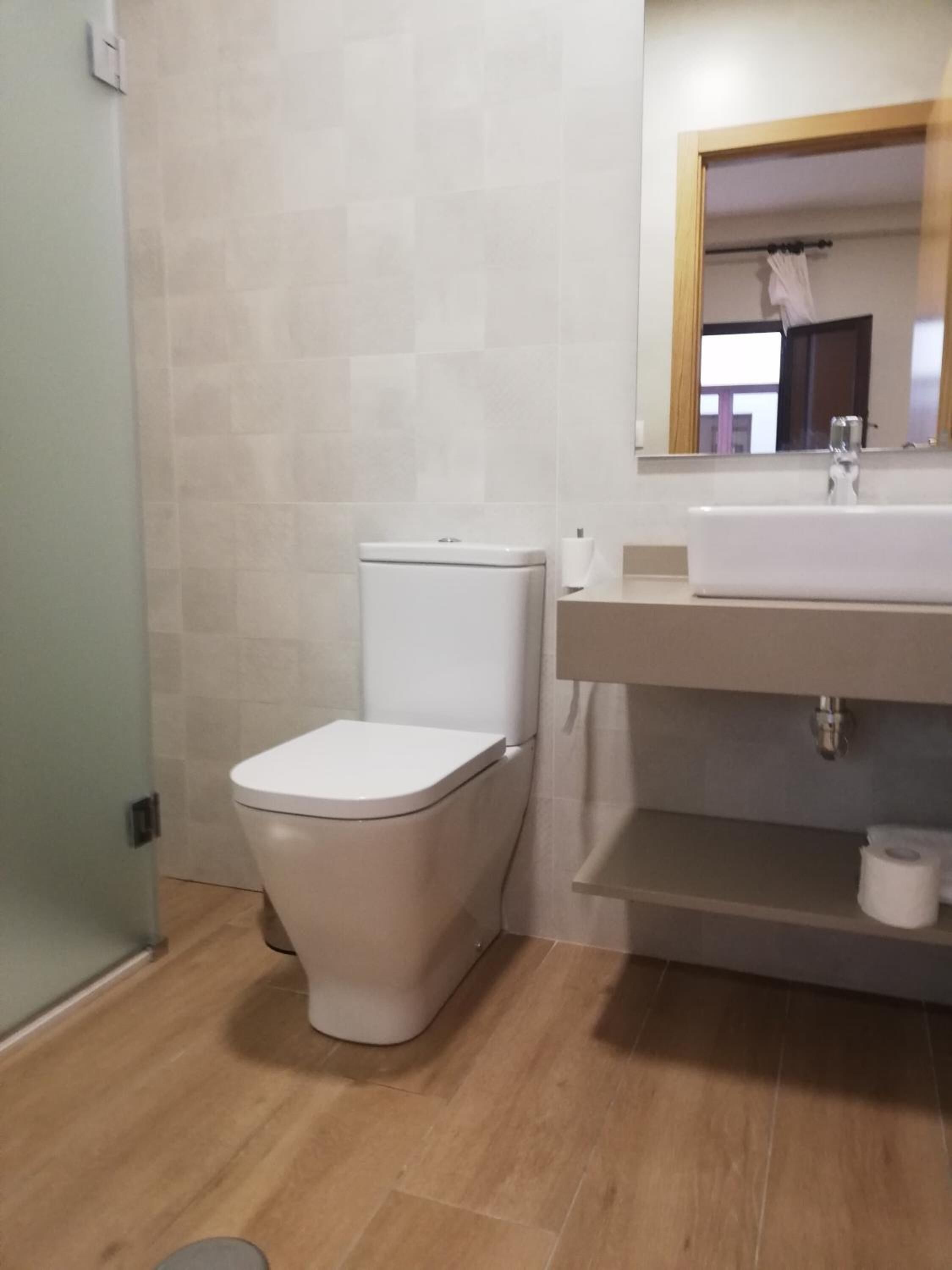 A bathroom with a toilet, sink, and mirror.