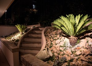 Un escalier extérieur éclairé la nuit, avec un mur en pierre et des plantes.
