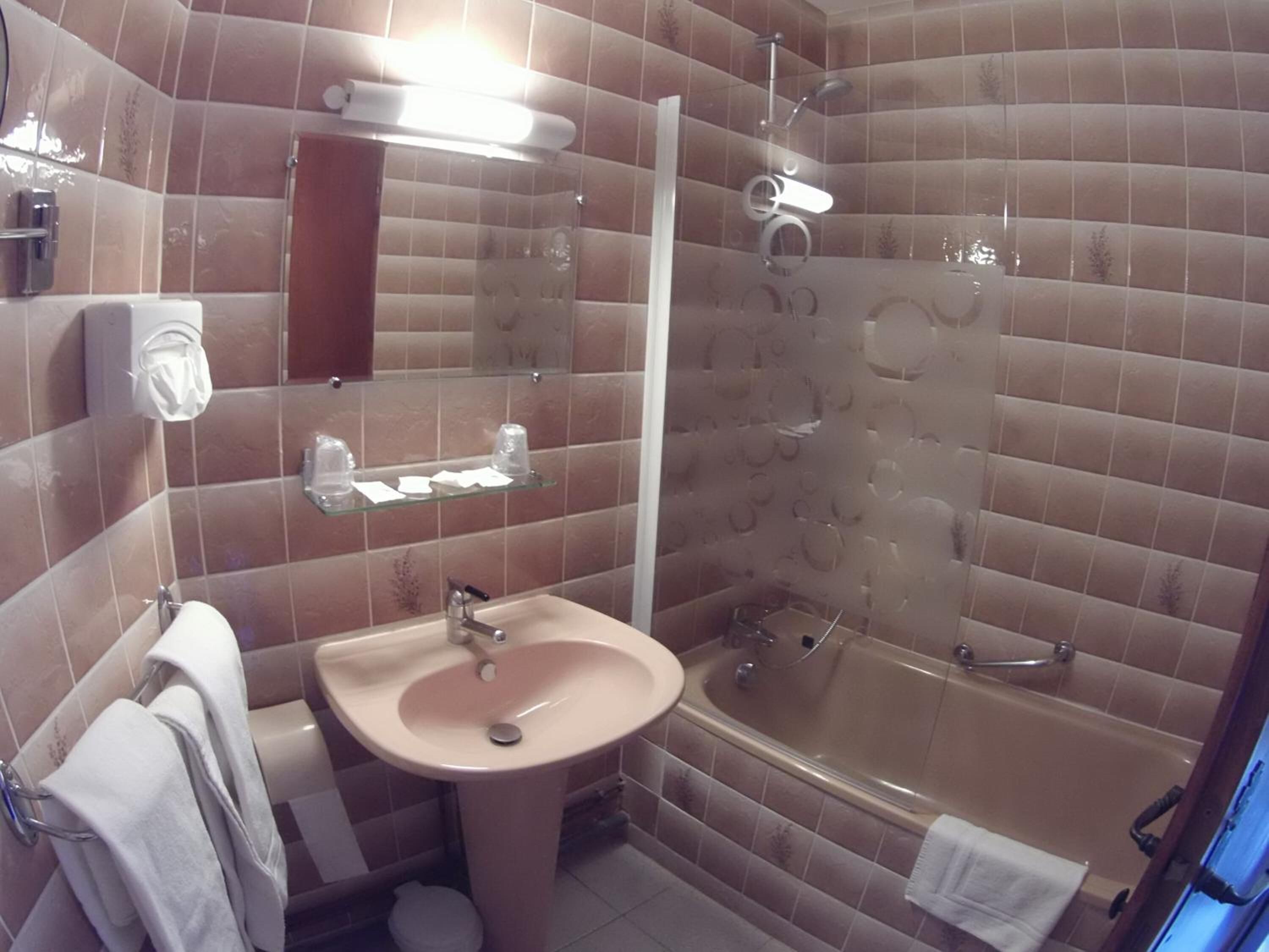 combined shower/bathtub, free toiletries, hair dryer, towels