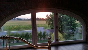 A room with a large arched window overlooking a green field and trees. - B&B Il Melograno (Formigine)