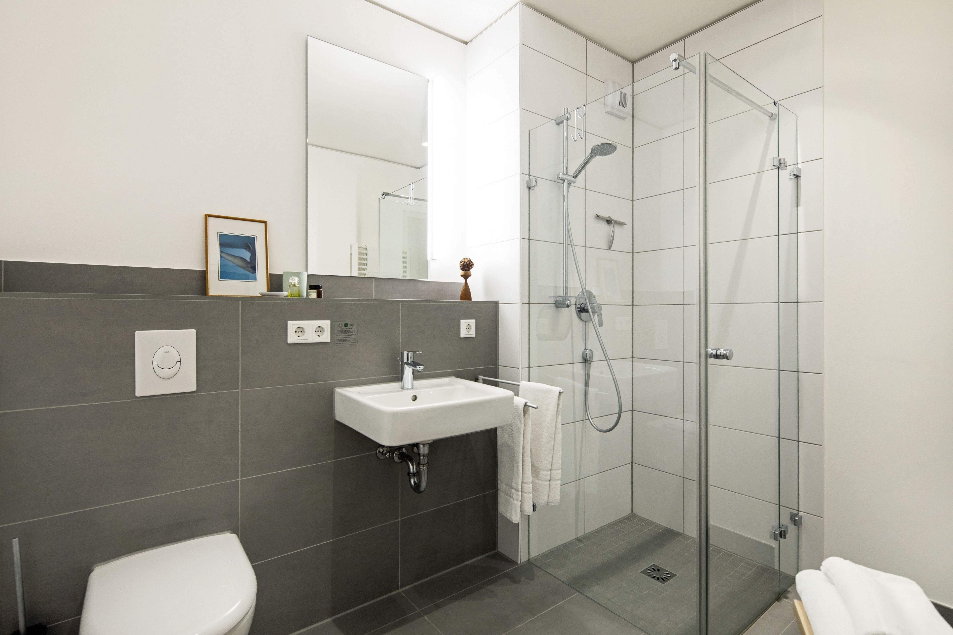 A modern bathroom with a white sink, a toilet, and a glass-enclosed shower.