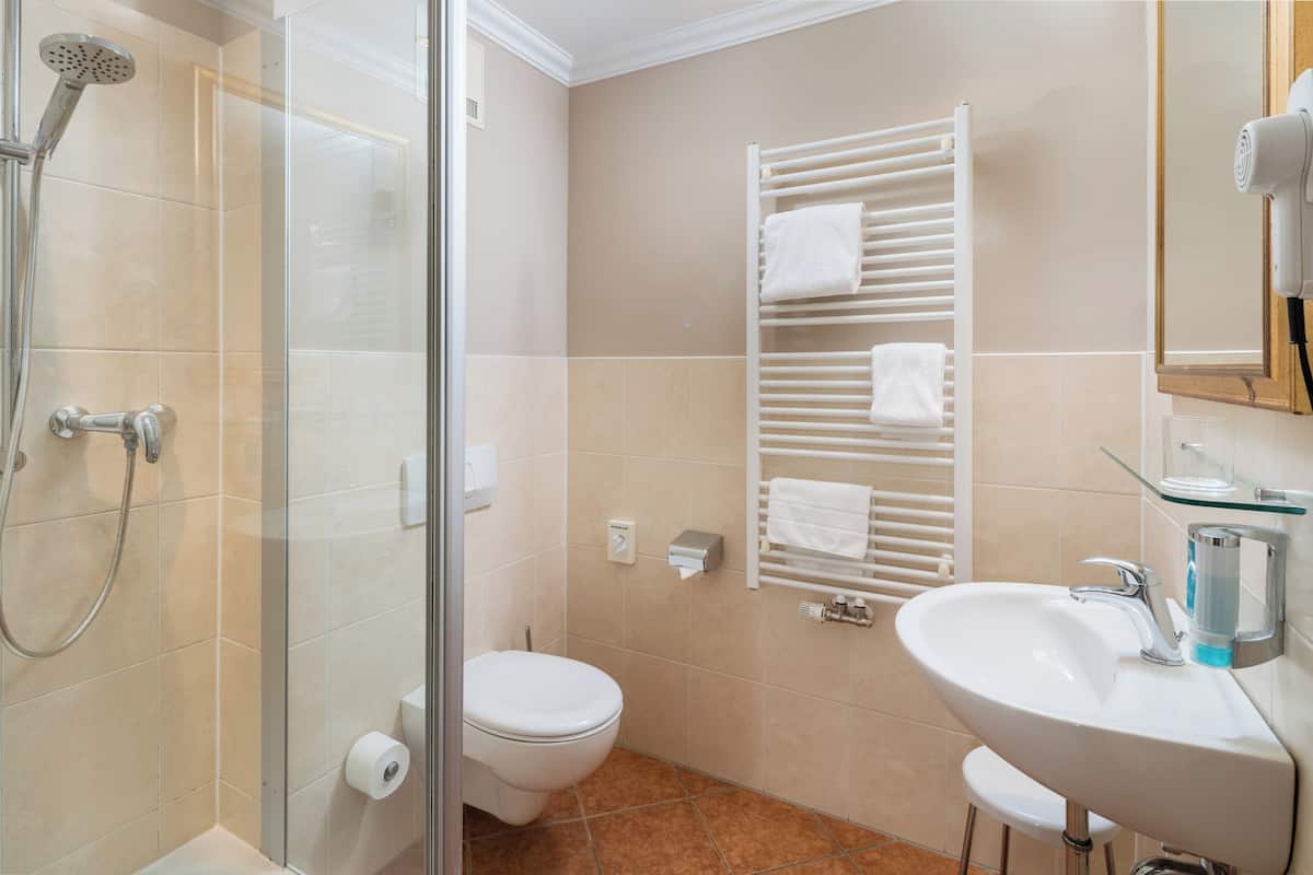 einzelzimmer-superior | bathroom | hair dryer, towels