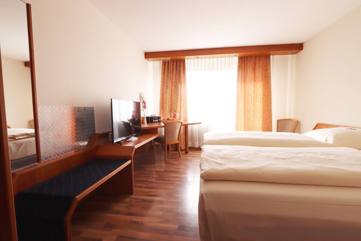 Habitación de hotel con cama, escritorio, silla, televisor y un espejo grande.