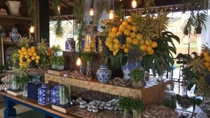 A rustic interior with a wooden counter displaying various plants and decorative items. - Engenho da Serra Hotel & Ecoresort (Capitólio)