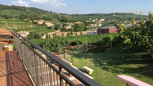 A balcony with a view of a vineyard and a distant town. - La Bella Vigna (Marano di Valpolicella)