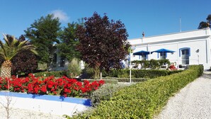 A white building with blue awnings, surrounded by well-maintained hedges and red flowers. - Casa Grande (Constantina)